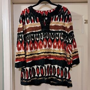 Alfred Dunner Red and Black Patterned Tunic 3/4 Sleeve Size 18